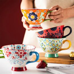 Cups Saucers Ceramic Coffee Cup Bohemian Flower Hand Painted INS Breakfast High Capacity 420ML Tea Mug Water Ware Kitchen Dining Bar 230710