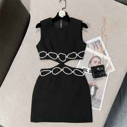 Casual Dresses PREPOMP 2023 Summer Hepburn Style Sleeveless Rhinestone Hollow Out Waist Round Neck Sexy Short Dress Women 068