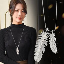 Pendant Necklaces Rhinestone Feather Long & Pendants For Women Jewellery Maxi Statement Necklace Sweater Dress Accessories All Match