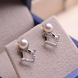 Stud Earrings Fashion Women Silver 925 Natural Freshwater Pearl V Shape Girls Zircon Gorgeous Ear Jewellery Wedding Brinco