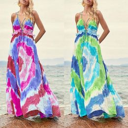 Casual Dresses 2023 Summer V Neck Maxi Women Tie Dye Sleeveless Sling Holiday Dress Party Long Boho Beach Female Sundress