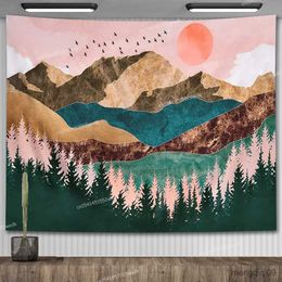 Tapestries 3D Mountain Sunset Tapestry Wall Hanging Forest Trees Landscape Tapestrys Home Decor Aesthetic Paintings R230710