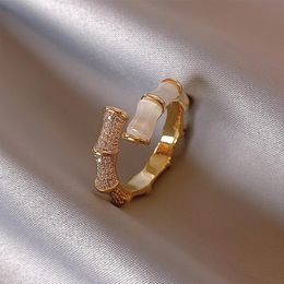 Korean New Design Opals Bamboo Shape Rings For Women Exquisite Zircon Leaf Branch Hollow Heart Cross Opening Joint Ring Jewellery