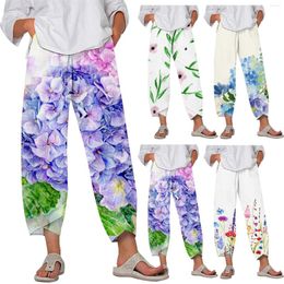 Women's Pants Capri For Women Lobby Summer Printed Cropped Cotton Linen Casual Tall Straight Leg