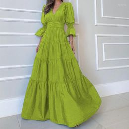 Casual Dresses Women Long Puff Sleeve V Neck High Waist Corset Ruffle Dress Elegant Fashion Summer Bohemian Floor Length