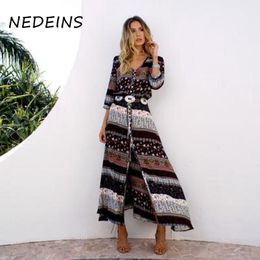 Basic Casual Dresses NEDEINS Summer Boho Beach Dress Fashion Floral Print Ethnic Long Maxi Dress Woman Party Night Elegant Dress 230710