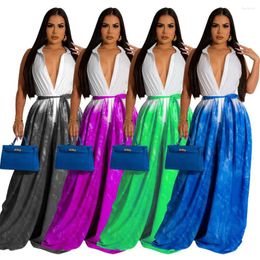 Casual Dresses Women Summer Printed Sleeveless V Neck Fashion Waist Wide Legged Pants One Bodycon Dress 2023 Sexy Long Maxi For