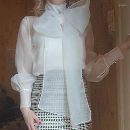 Women's Blouses Organza Solid Long Sleeve Women's Blouse Bowtie Lace-up Turtleneck Perspective Shirts Black White Size S-L