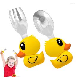 Dinnerware Sets Baby Spoon And Fork Set Duck Stainless Steel With Silicone Handle Non Slip Training Utensil Safe For Nursery Home Easy