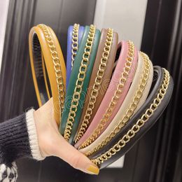 Fashion Women Headband Narrow Side Alloy Chain Hairband Solid Colour Pu Leather Turban Classic Hair Accessories