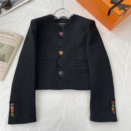 Jackets 2022 New Spring Autumn Colour Heart Short Coat Retro Runway Women O Neck Single Breasted Black Woolen Jacket G030