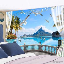 Tapestries Imitation Window Landscape Painting Tapestry Wall Hanging Natural Scenery Living Room Home Decor R230710