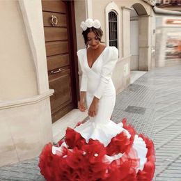 Flamenco Evening Dresses Ruffles Bottom White Red Sleeve Abiye Gece Elbisesi Elegant Prom Gowns Spanish Dancing Layered Mermaid