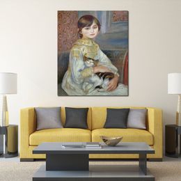 Fine Canvas Art Portrait of Julie Manet or Little Girl with Cat Handmade Pierre Auguste Renoir Painting Modern Office Wall Decor