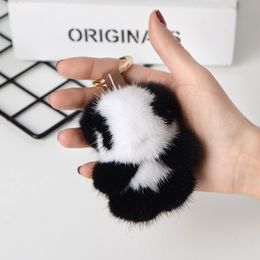 Plush Keychains High Quality Real Mink Fur Keychain Small Panda Women Bag Ornaments Pendant Plush Cute Bear Car Key chain Metal Ring Kids Gifts 230707