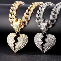 Pendant Necklaces Fashion Broken Heart Women Men Iced Out Bling Rhinestone Cuban Link Chain Necklace Hip Hop Statement Jewellery 230613