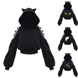 Capris Haruku Women Summer Top Long Sleeveless Cute Cat Ear Hooded Pullover Lace Up Sweatshirt Hollow Out Lace Up Hoodies Short Top