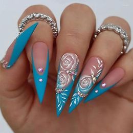 False Nails 24Pcs Blue French Bevelled Edge Flower Design Full Cover Stiletto Nail Tips 3D Rhinestones Long Almond Fake