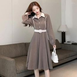 Casual Dresses 2023 Spring Autumn Season Arrival Style Contrast Colour Temperament Slim Waist Flap Collar Mid Length Black Dress For Women