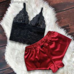 Bras Sets Bras Sets Sexy Lingerie Set Light Women Satin Lace V-Neck Camisole Bowknot Shorts Sleepwear Plus Size Yes Daddy For Z230710