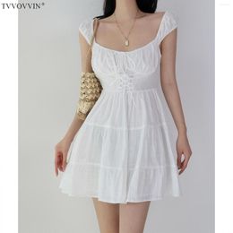 Casual Dresses TVVOVVIN Summer Women's Sweetheart Square Neck White Front Strap Waist Wrapped Sexy Dress Fashion Cute A-line 7TCX