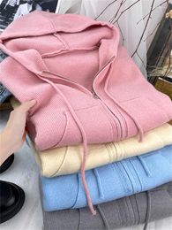 Women's Knits Yitimoky Pink Cardigan Women Sweater Hooded Knitted Coat Long Sleeve Tops Fall Winter 2023 Loose Warm Korean Fashion Clothing