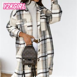 Blazers Y2kgirl Spring Autumn Checked Women Jacket Down Overcoat Plaid Long Coat Oversize Blends Retro Female Streetwear Button Cardigan