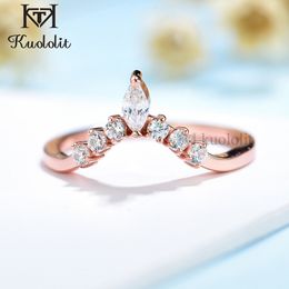 With Side Stones Kuololit 585 14K 10K Rose Gold Marquise Ring for Women Solitaire Matching V Band Wedding Engagement Couple 230710