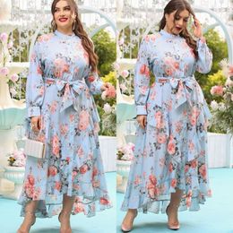 Casual Dresses Lady Muslim Dress Europe And America Maxi Ruffle Women's Floral Print Long Sleeve For Travel