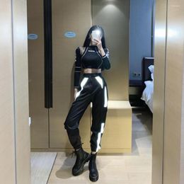 Women's Two Piece Pants 2023 Handsome Cargo Loose Colour Block Reflective Cool Ins Hip Hop Sports Corset