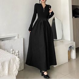 Basic Casual Dresses Y2K Women Half Zipper Dress Korean Fashion Slim Long Sleeve Dress Dark Academic Female Hepburn Style Black Big Dresses 230710