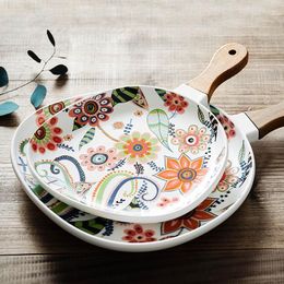Bowls Ceramic Bowl Colorful Flowers Salad Dinner Plate Solid Wood Handle Steak Breakfast Western Home Container Table Decor