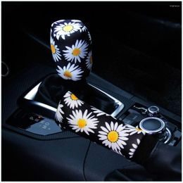 Steering Wheel Covers Cover Cute Car Decoration Gear Knitted Handbrake Grips Daisy Flower Interior
