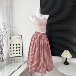 Skirts Plaid Elegant Y2K Red Dress Women's Vintage Mid-Length Skirt Hip Sexy Half High Waist Solid Colour Retro Simple