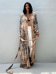 Capris Blue Bohemian Tie Dye Striped Long Tunic Sexy Kimono Dress Spring/autumn Women Plus Size Beach Wear Elegant Striped Dress Q1314