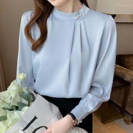 Women's Blouses Fashion Satin Beaded Women's Shirts Elegant Chiffon Long-sleeved Shirt Solid Buttons Stand-up Collar Blouse Ladies Tops