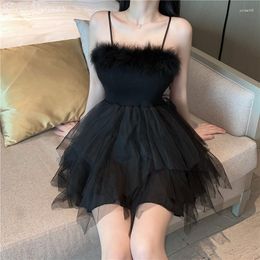 Party Dresses J054 2023 Summer Sexy Tulle Mesh Net A-line Black Short Cocktail Dress Lady Girl Princess Fluffy Fur Strap Prom Women