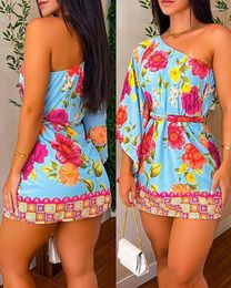 Casual Dresses Floral Print One Shoulder Ruched Dress Women Spring Summer High Waist Mini Flower Sexy