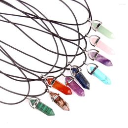 Pendant Necklaces Natural Stone Healing Pointed Wax Thread Necklace Hexagonal Column Circle Crystal Women Fashion Yoga Jewellery