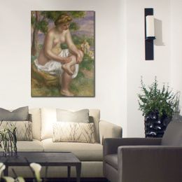 Impressionist Canvas Art Seated Bather in Landscape Pierre Auguste Renoir Painting Handmade Oil Artwork Modern Hotel Room Decor