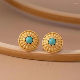 Stud Earrings Classic Craft Round Flowers Ear Studs Simple And Small Ancient Gold Turquoise For Women Banquet Jewellery Gifts