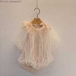 Rompers 3 D Flower Princess Tulle Lace Dress suitable for girls sisters children's long sleeved jumpsuit newborn birthday clothes Z230711