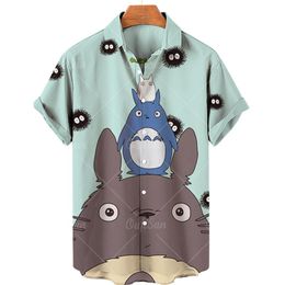 Trench Shirts for Men Hayao Miyazaki Anime Totoro Faceless Printing Lapel Short Sleeve Shirts Fashion Cartoon Haruku Women's Tops 5xl