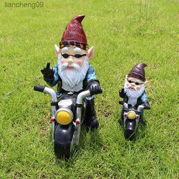 Funny Middle Finger Gnomes Biker Dwarfs Old Man Riding Motorcycle Statue Resin Crafts Garden Home Window Decoration L230620