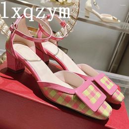 Dress Shoes 2023 Runway Square Buckle Pumps Women Summer Slingback Shallow High Heel Sandals Sexy Formal Banquet Mix Color Mujer