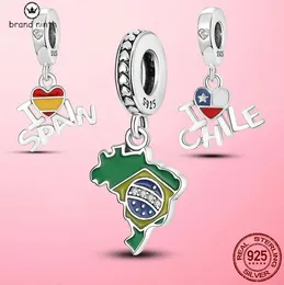 925 silver for pandora charms Jewellery beads Bracelet Spain Chile Brazil Flag Love charm set Pendant DIY Fine Bead Jewellery