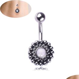 Navel Bell Button Rings Y Vintage Round Flower Wasit Belly Dance Crystal Body Jewellery Stainless Steel Piercing Dangle For Women Dr Dhdaw
