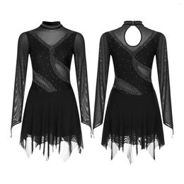 Stage Wear Ballet Dress For Women Adults Solid Color Sheer Mesh Patchwork Long Sleeve Figure Skating Modern Jazz Tango Costume