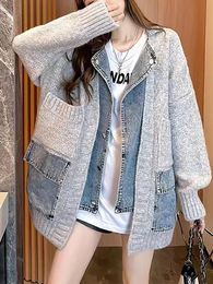 Parkas Cardigan Sweater Women Thick Fake Denim Coat Female Turndown Collar Outerwear Lady Patchwork Pockets Knitwear Pull Femme Luxe