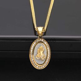 Pendant Necklaces Hip Hop 18K Gold Plated DJ Nightclub Glitter Oval Medal Iced Out Crystal Rhinestones Prayer Hand Pendant Necklace 24 inch Chain Jewellery x0711 x0711